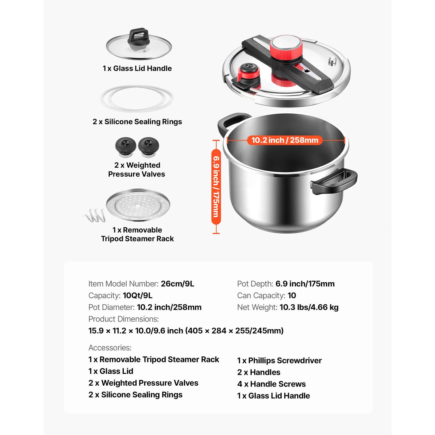 SucceBuy 6.3 8 10 12 Qt Pressure Cooker Stainless Steel Pressures Canner with Steaming Rack Tempered Glass Lid for Meat, Beans,