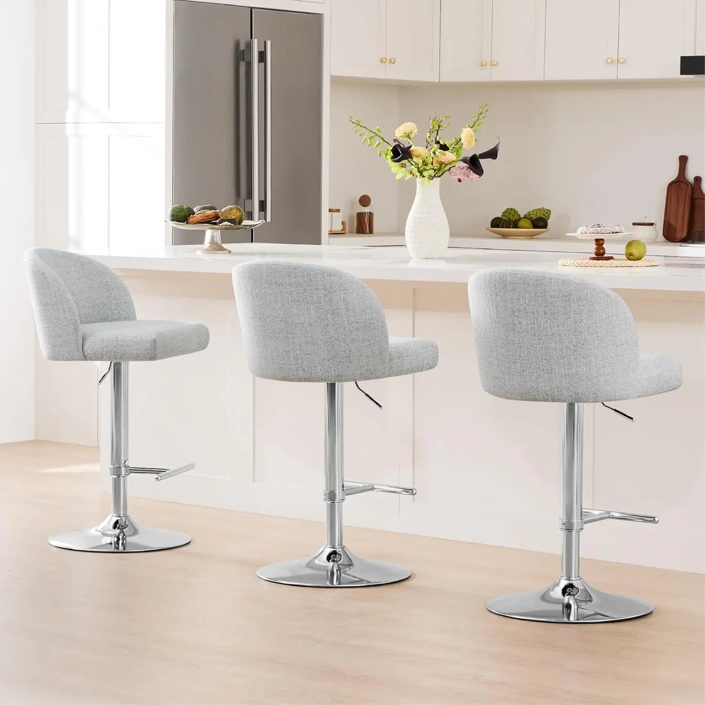 Adjustable Swivel Bar Stools with Back, Counter Stools Set of 3 for Kitchen Island, Height 25-33.7in, Fabric White, Customized