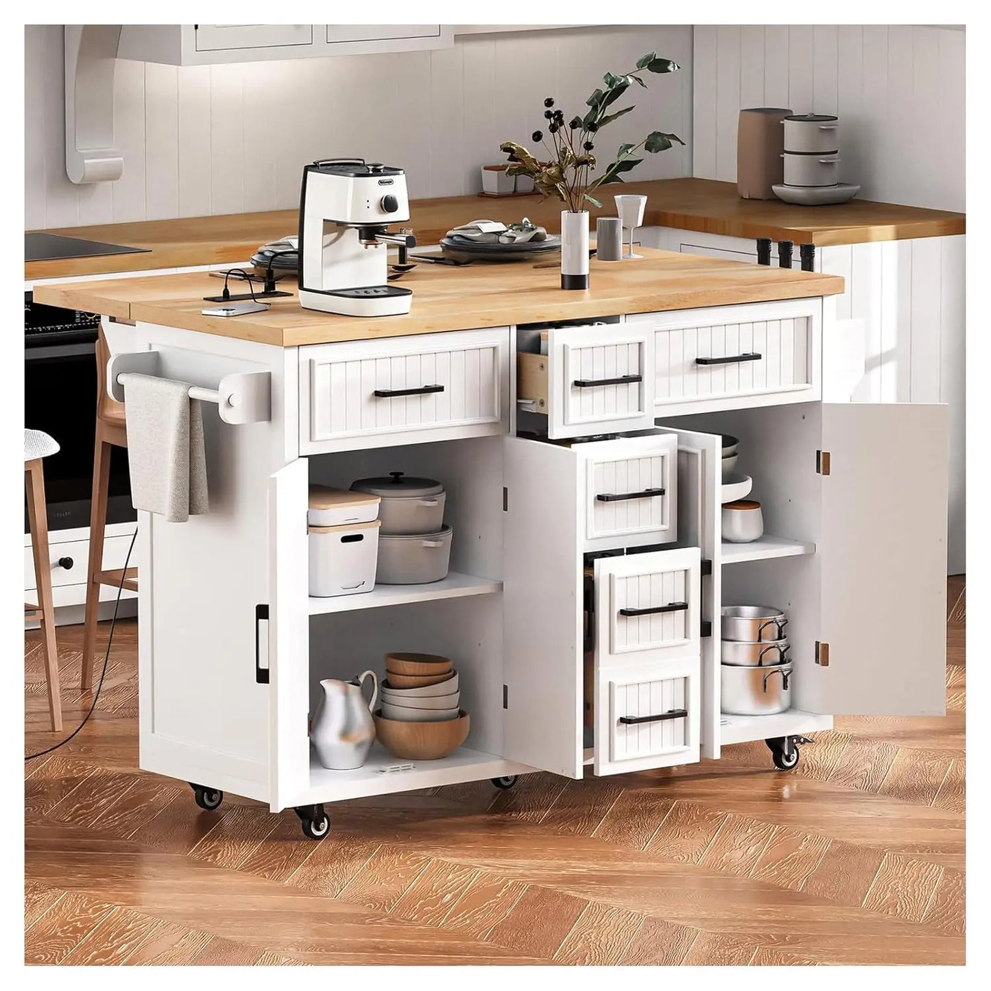 53" Rolling Kitchen Island, Drop Leaf & Power Outlet, 3 Drawers & 2 Cabinets, Mobile Kitchen Cart on 5 Lockable Wheels,, Custom
