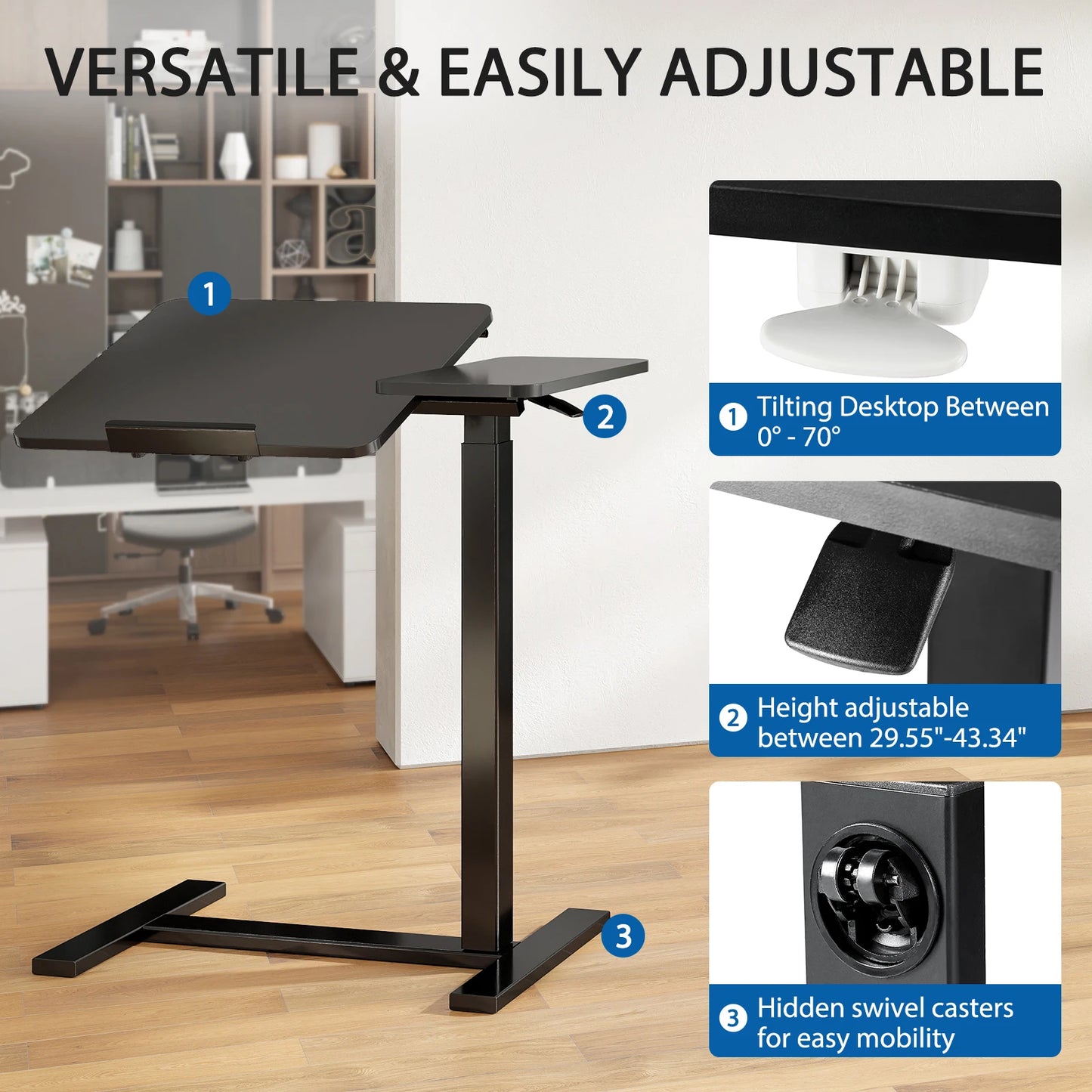 JHK Overbed Bedside Flip Lap Desk with Wheels and Tilt Top Adjustable Height Home Use Bed Table Mobile Standing Desk For Bedroom