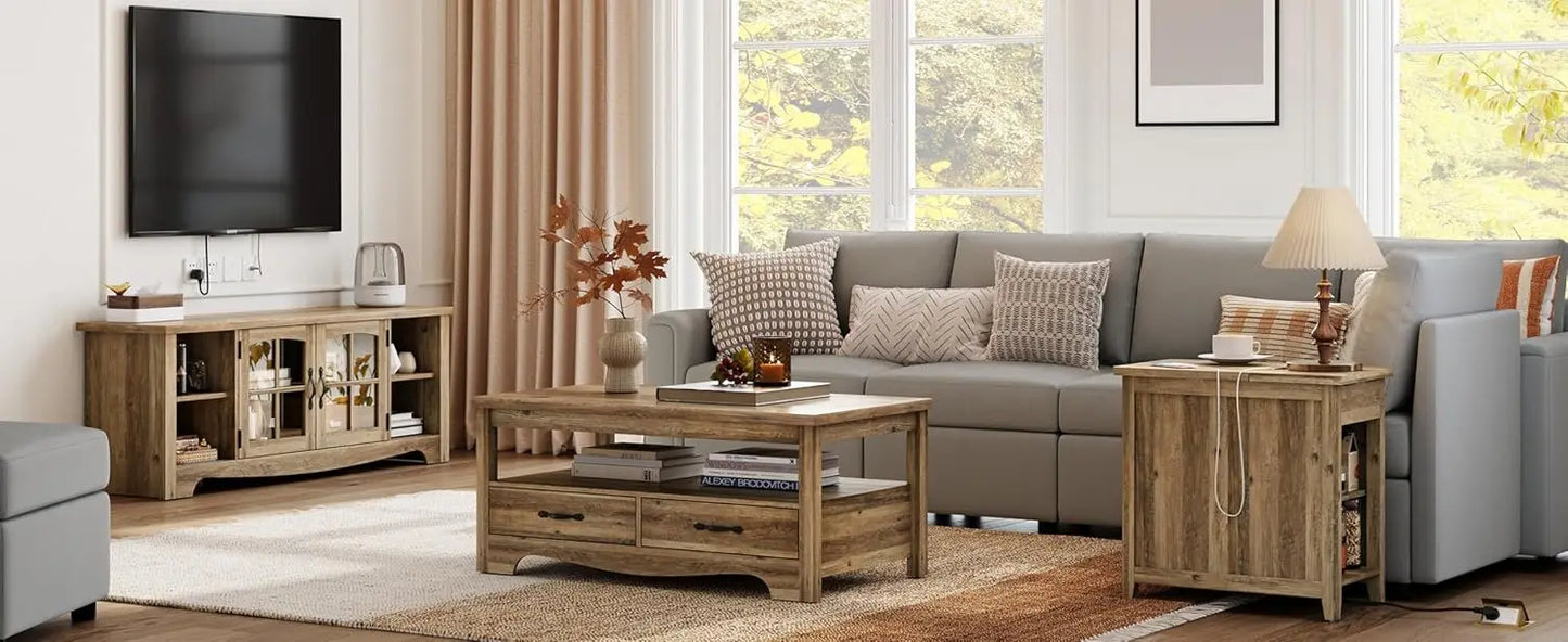 Living Room Table Sets 4 Piece with TV Stand, Farmhouse TV Stand for 65 Inch TV,  Two End Table with Charging Station, Brown