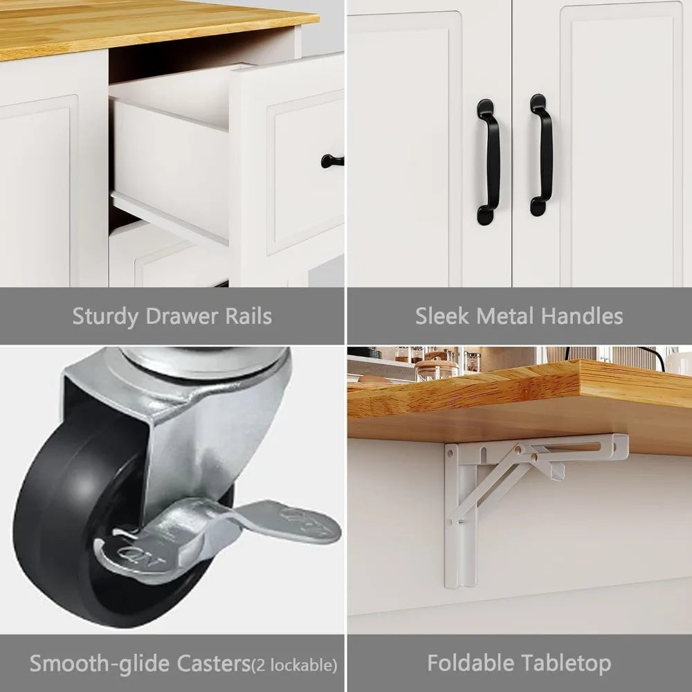 Kitchen Island with Storage on Wheels, Rolling Kitchen Island with Spice Rack & Towel Rack, Portable Island Table for Kitchen
