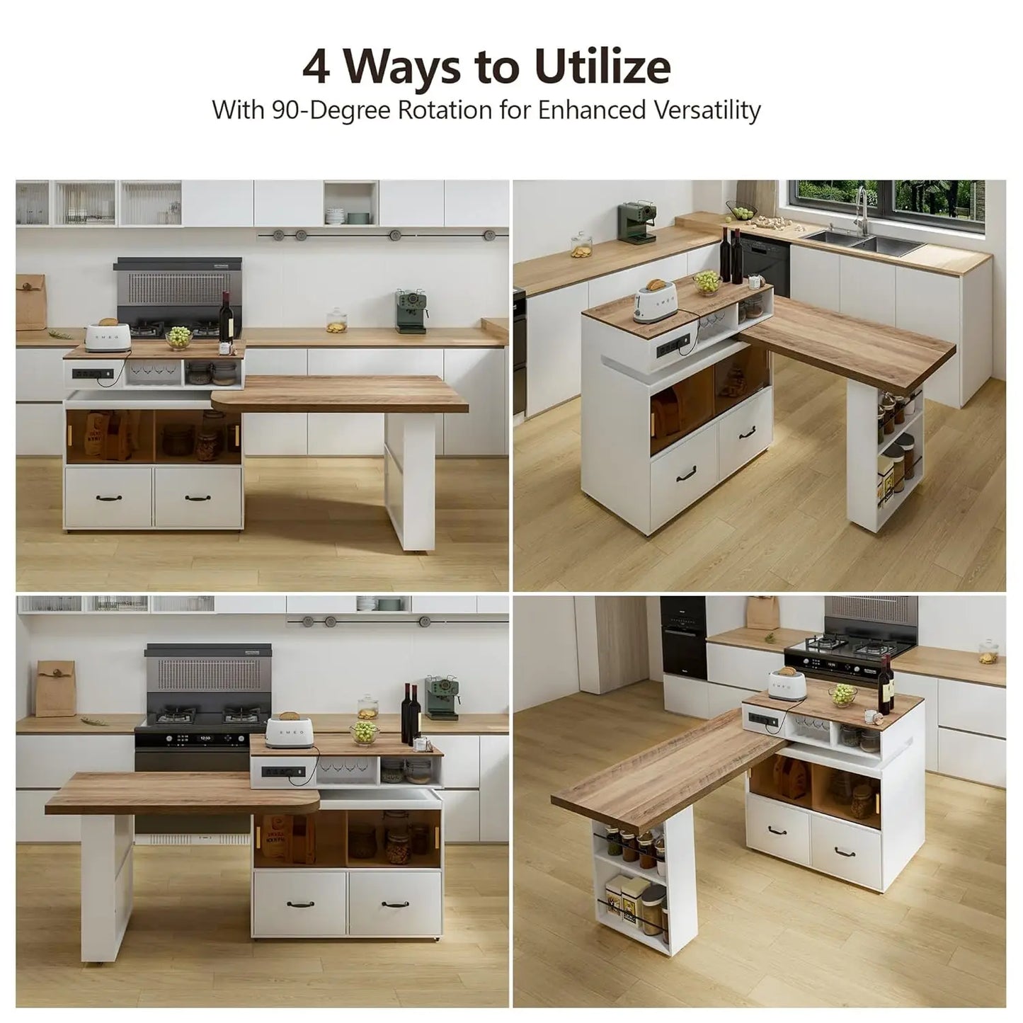 Kitchen Island with Extendable Table,Rolling Kitchen Tables with Storage & Seating,Built in Power Outlet, Kitchen, Custom