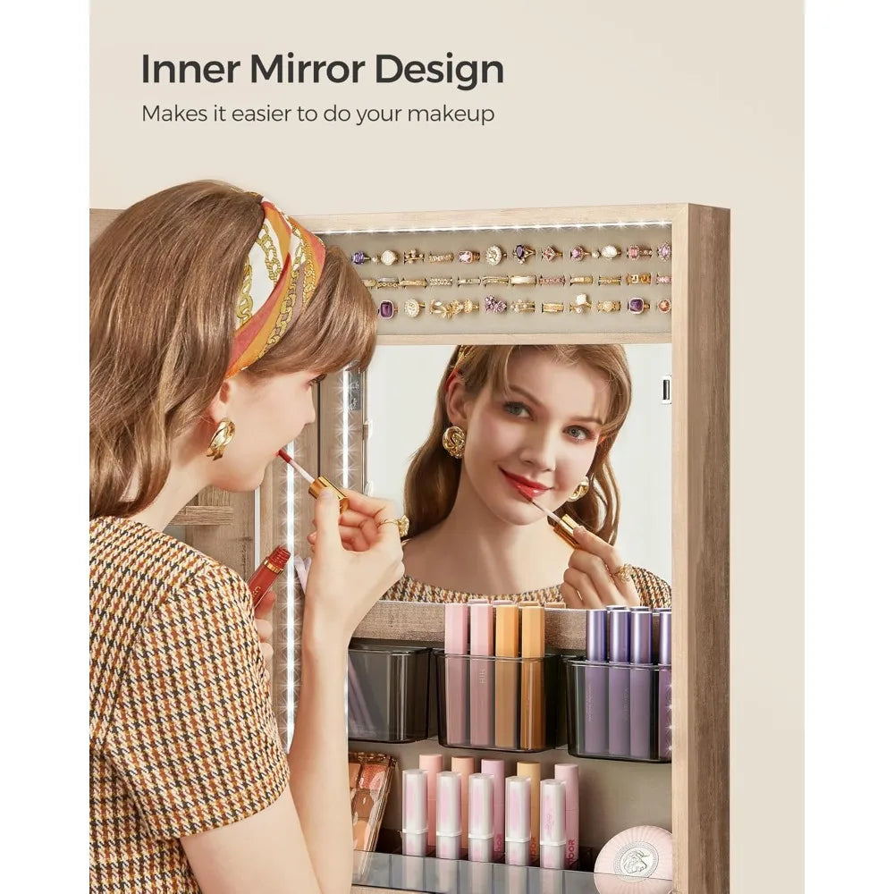 Jewelry Cabinet Armoire Organizer with LED Lights, Wall-Mounted Storage Cabinet with Full-Length Frameless Mirror