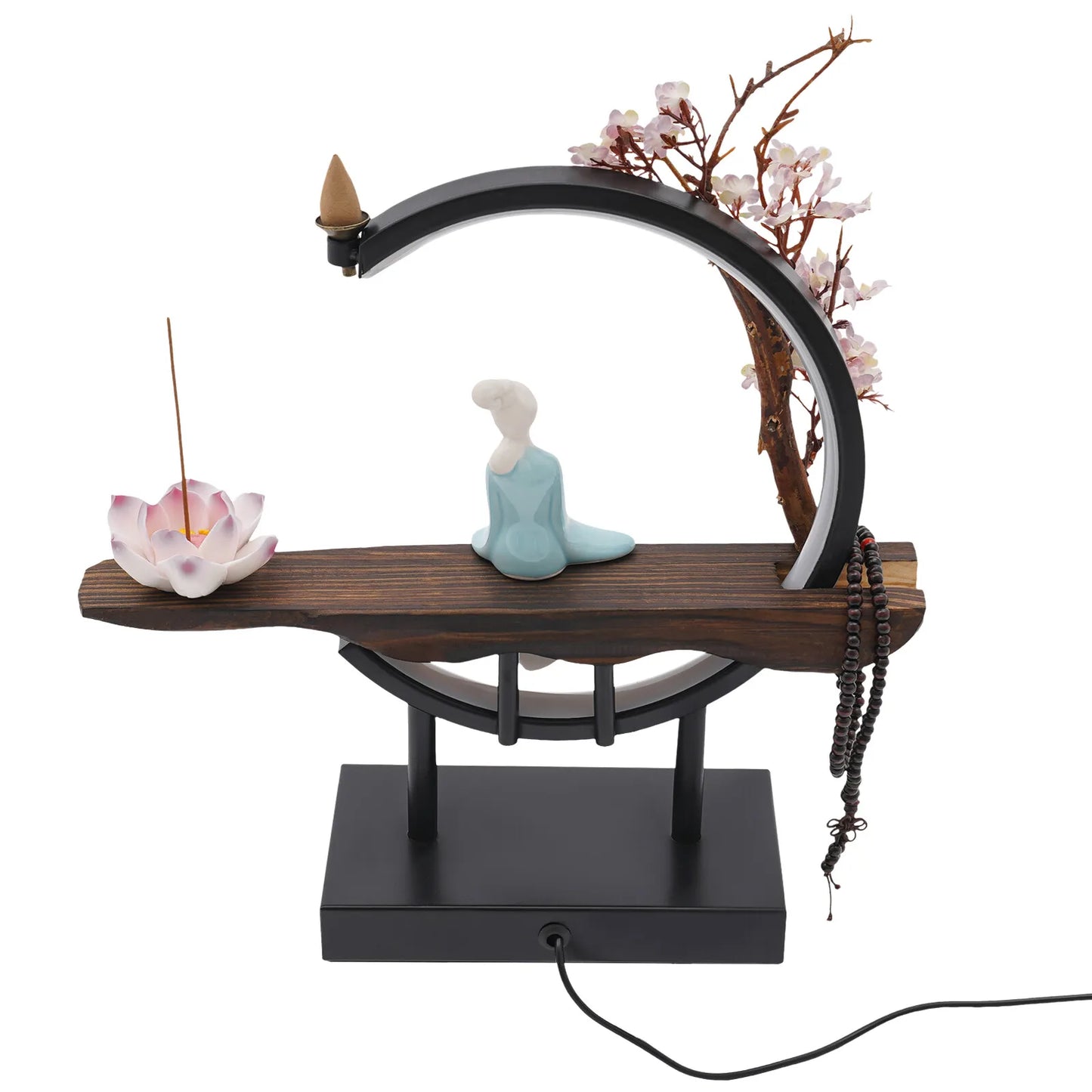 Retro Backflow Incense Burner Ceramic-Iron-Wood Material LED Light Stress Relief Complete Kit for Home/Office Decor