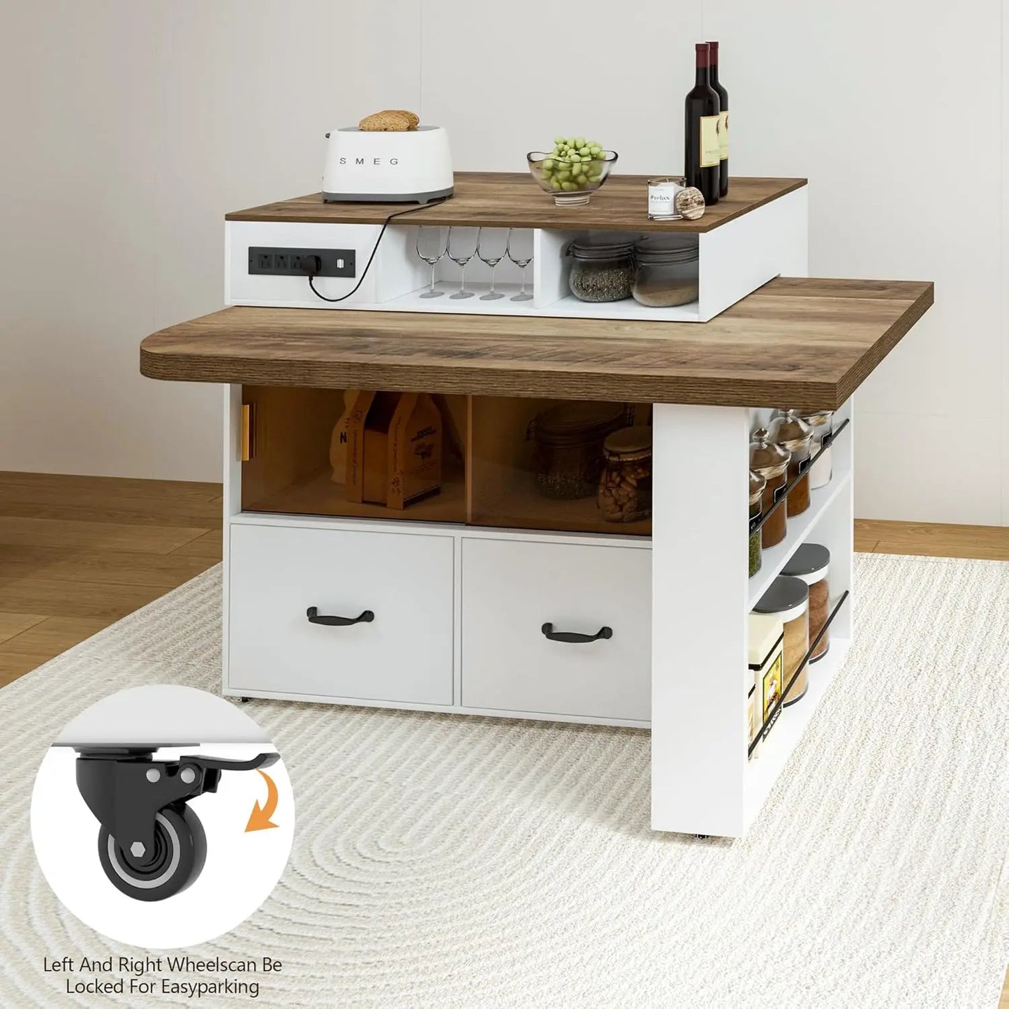Kitchen Island with Extendable Table,Rolling Kitchen Tables with Storage & Seating,Built in Power Outlet, Kitchen, Custom