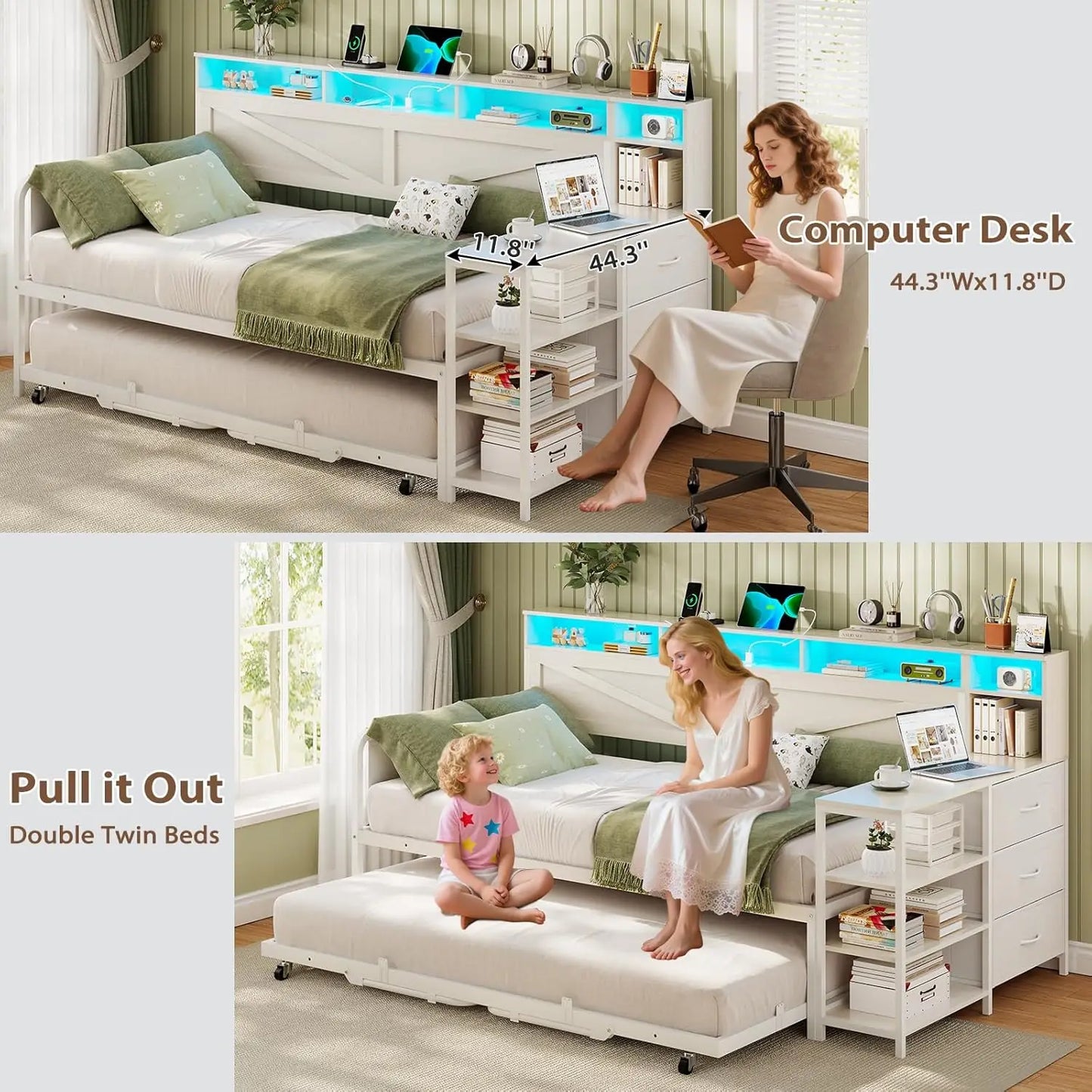 Daybed Twin with Pop Up Trundle, Farmhouse Wooden Day Bed Frame with 3 Storage Drawers and Shelves, Twin to King, Customized