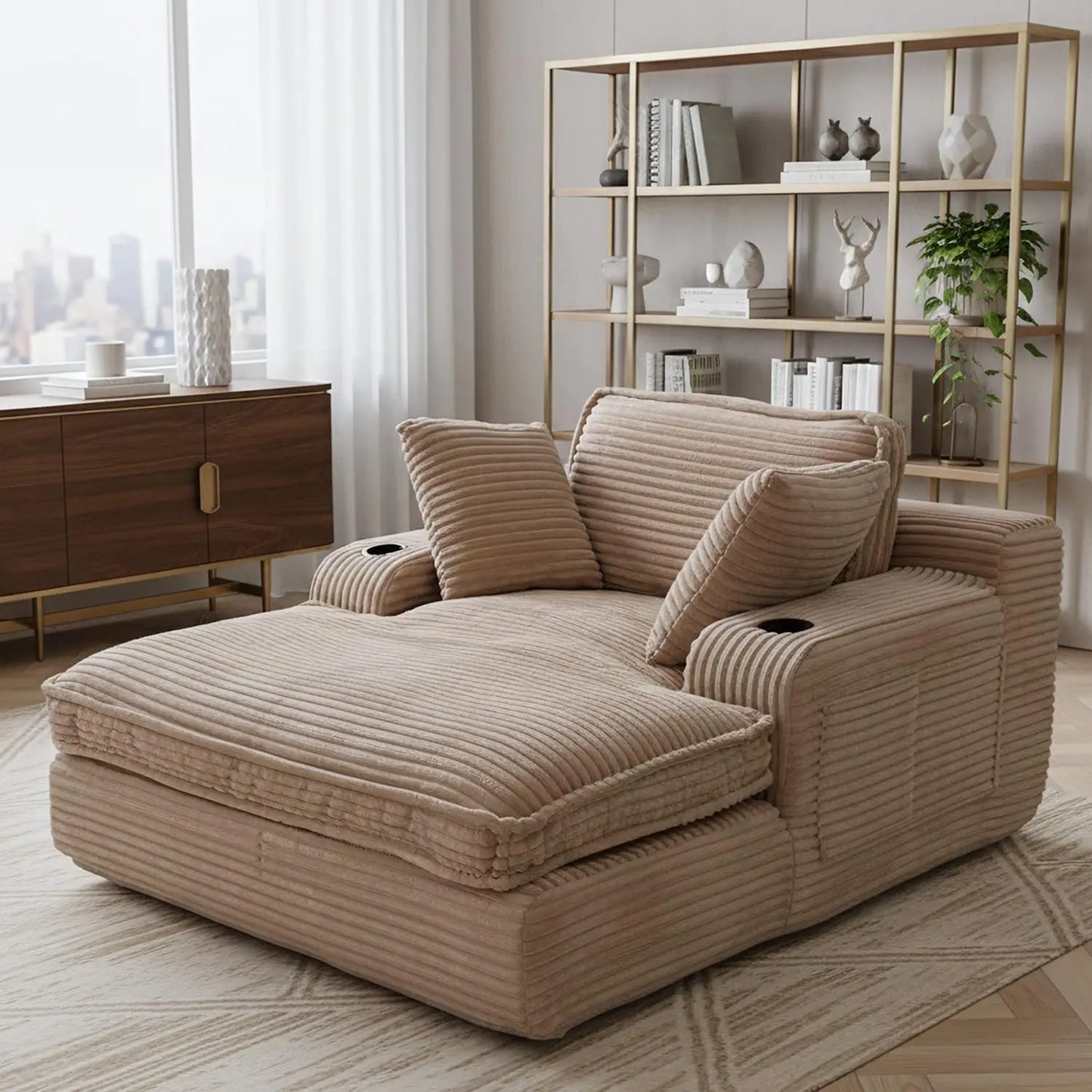67" Oversized Chaise Lounge Chair Indoor, Soft Boneless Cloud Couch with 3 Pillows, 4 Side Pockets and 2 Cup, Customized