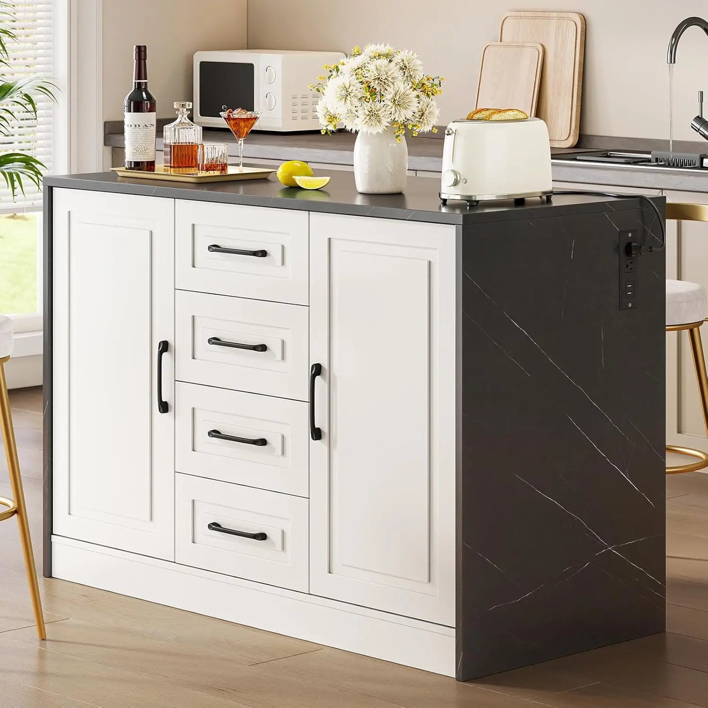 47.3" Kitchen Island with 2 Storage Cabinets & 4 Drawers, Modern Imitation Marble Dining Table with Power Outlet,, Custom