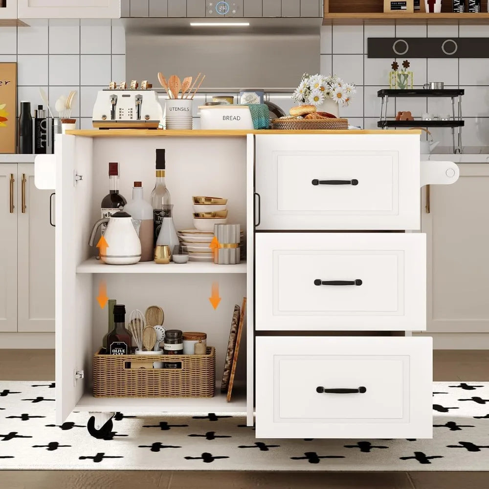 Kitchen Island with Storage on Wheels, Rolling Kitchen Island with Spice Rack & Towel Rack, Portable Island Table for Kitchen