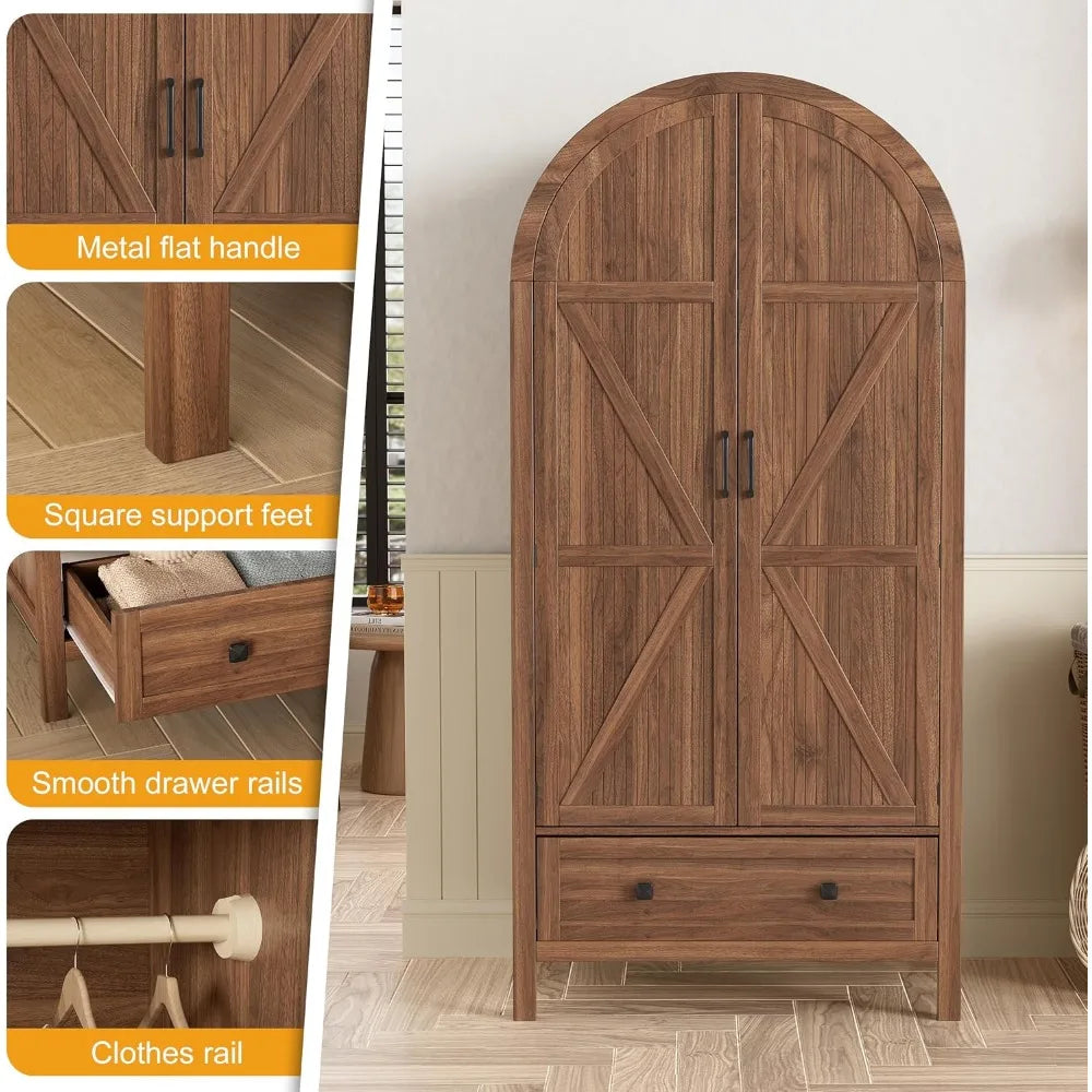 Armoire Wardrobe Closet with Drawers and 2 Arched Fluted Doors, 70.9‘’ Tall Wooden Bedroom Armoires with LED Light，Customized