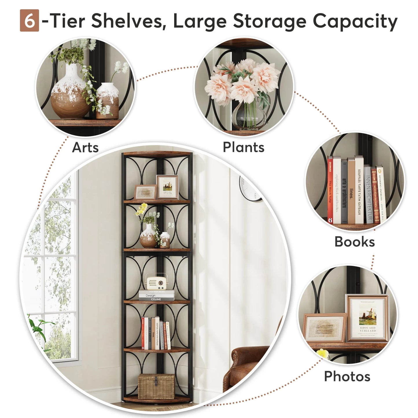 Tribesigns 6 Tier Tall Corner Shelf, 61 inch Rustic Corner Bookshelf Storage Rack Standing Shelving Unit