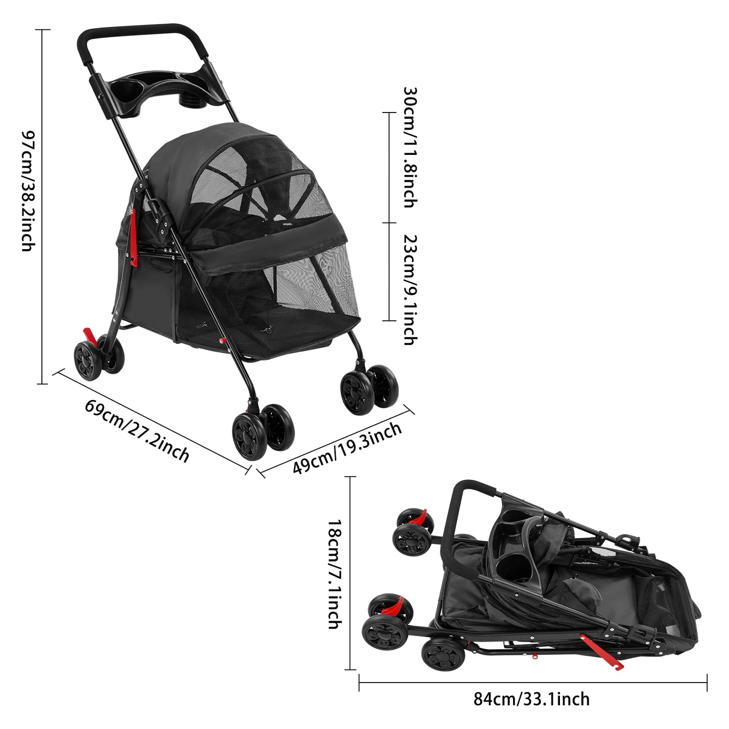 Foldable Pet Stroller Dogs Travel Cart Cats Wheelcart 69*49*97cm Lightweight for Small to Medium-sized Dog and Cat 4.54-18.14kg