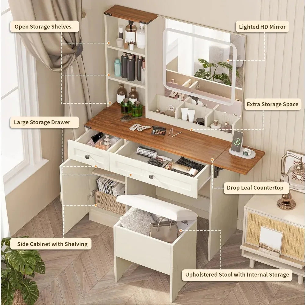Large Farmhouse Makeup Vanity Desk with Mirror And Lights - Includes Power Outlet Drawers And Cabinet for Bedroom ，Customized