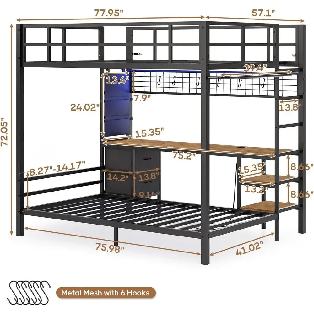 BestsellerTwin Over Full Metal Bunk Bed with Desk, LED Lights, Storage, Safety Rails & Stairs, Black