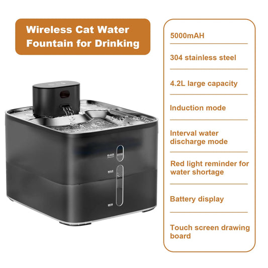 Wireless Cat Fountain 5000mAh Rechargeable 304 Stainless Steel Quiet Automatic Induction Pet Water Dispenser For Cats Dogs