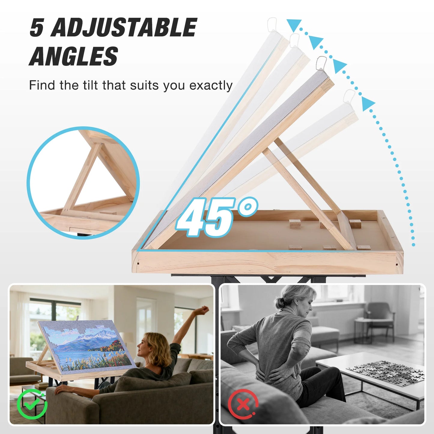 Jigsaw Puzzle Table with Legs Adjustable 5-Tilting-Angle Board with 6 Drawers Cover 35 x 26 Wooden Puzzle Board with 4 Wheels
