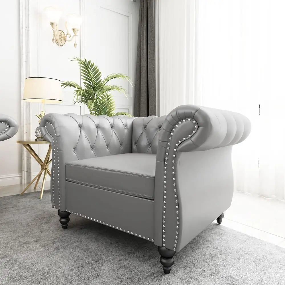 2-Piece Living Room Set: Chesterfield Leather Sofa with Scroll Arms and Nailhead Trim in Grey