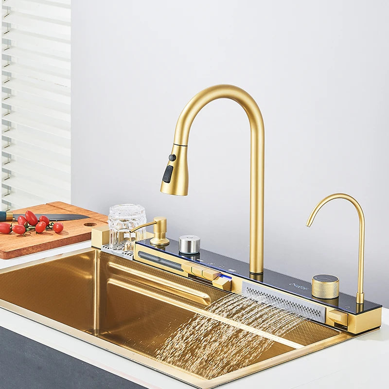 Brushed Golden Smart Digital Display Integrated Kitchen Sink Set Waterfall/Rainfall Water Purifier Soap Dispenser Cup Washer