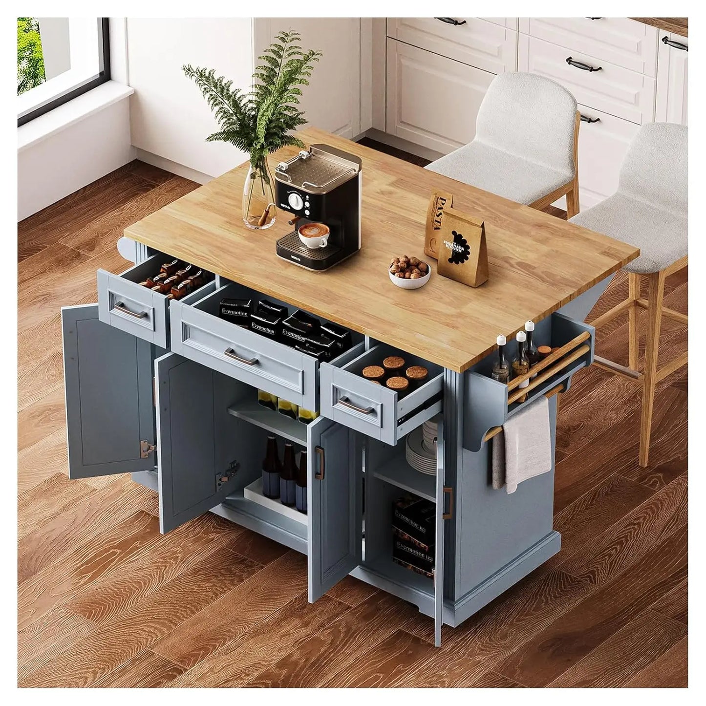 53" Rolling Kitchen Island, Drop Leaf & Power Outlet, 3 Drawers & 2 Cabinets, Mobile Kitchen Cart on 5 Lockable Wheels,, Custom