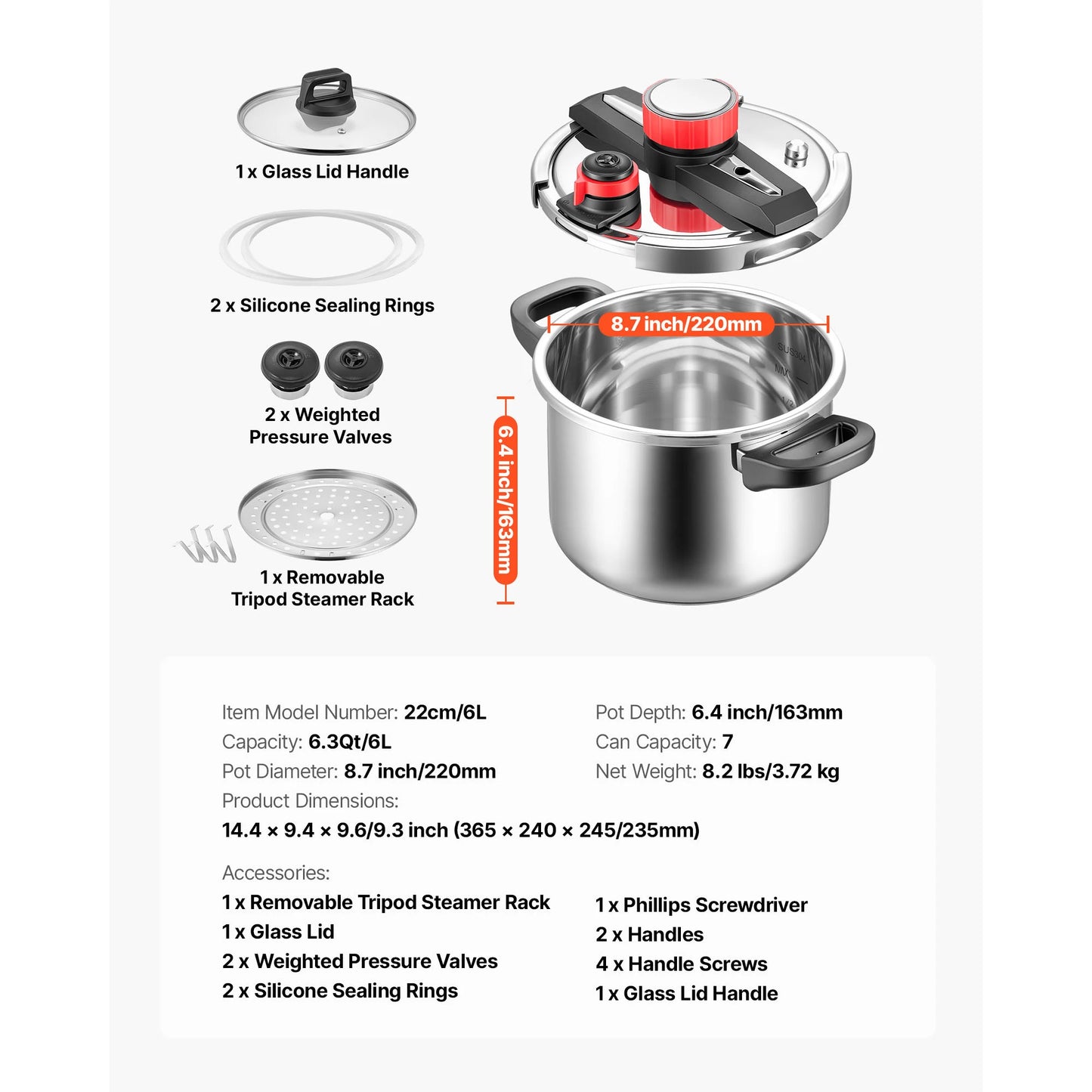 SucceBuy 6.3 8 10 12 Qt Pressure Cooker Stainless Steel Pressures Canner with Steaming Rack Tempered Glass Lid for Meat, Beans,