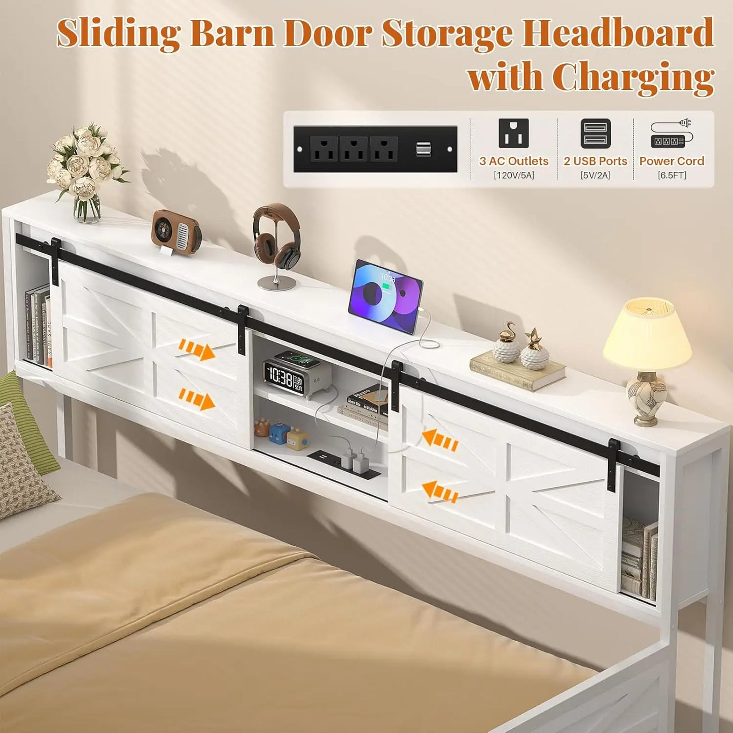 Farmhouse Twin Daybed with Pop Up Trundle, Bookcase Headboard, Charging Station & Metal Sofa Bed, Customized
