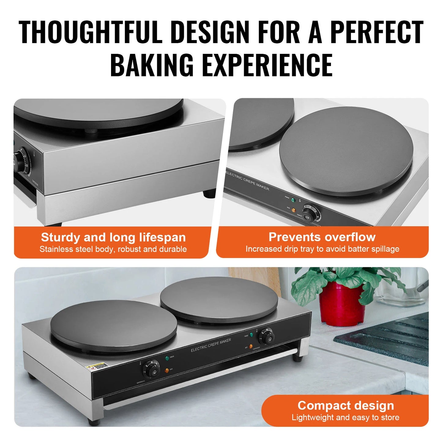 SucceBuy 16in Electric Crepe Maker Double Head Commercial Crepe Machine Flat Plate Crepe Griddle Desktop Cereals Pancake Stove