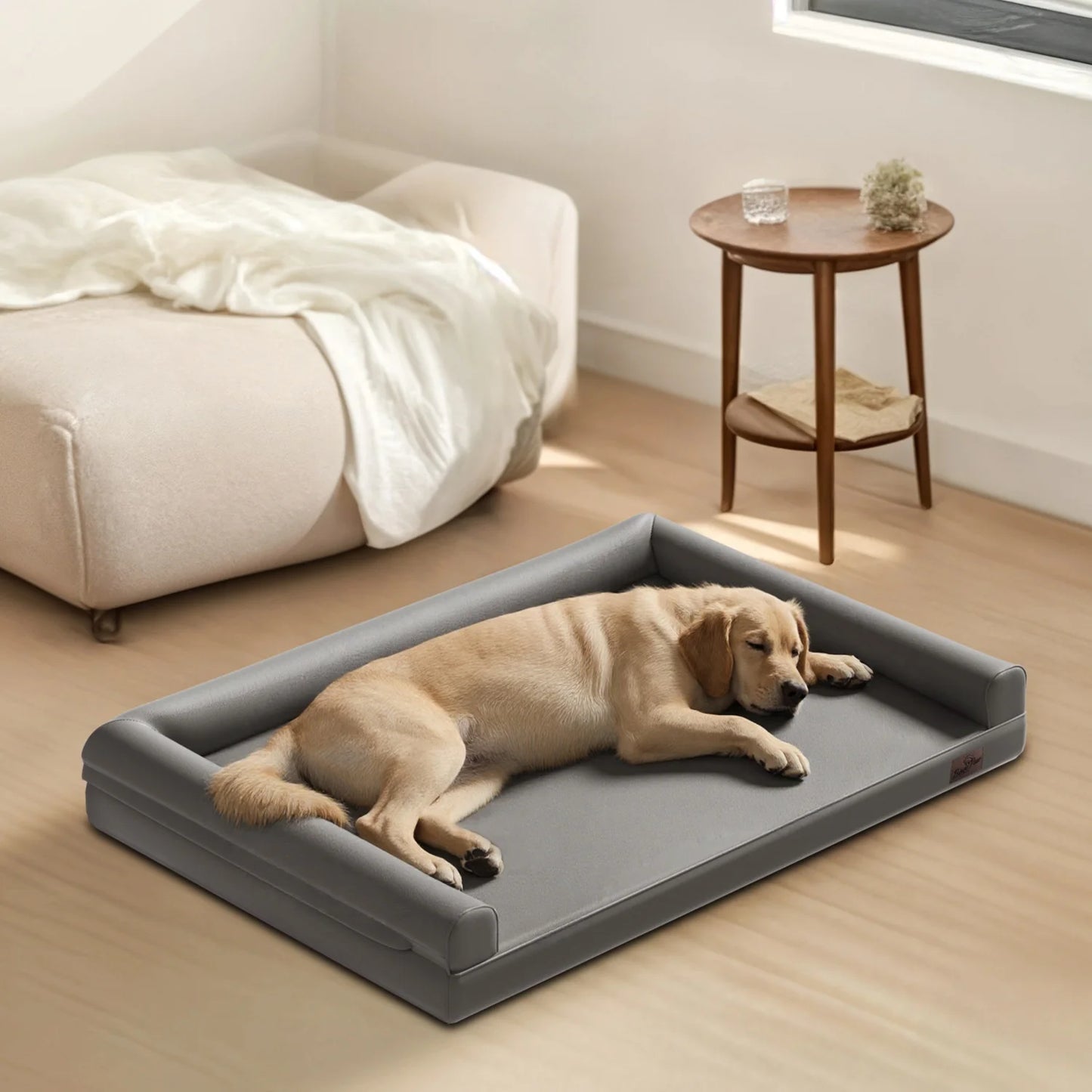M-2XL Indoor Orthopedic Dog Bed with Supportive Base Bolster Pillow Pet Lounge Bed Sofa Microfiber Leather Cover for All Breed
